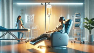 DALL·E 2024 12 14 17.55.19 A serene and modern clinical environment where a person is seated comfortably in a recliner receiving IV therapy. The IV bag is filled with a luminous