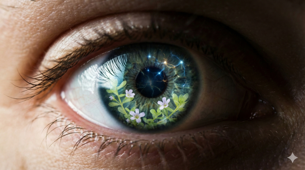 Olho humano azul com conexões neurais e sinapses representando os benefícios da Bacopa monnieri para memória e função cognitiva