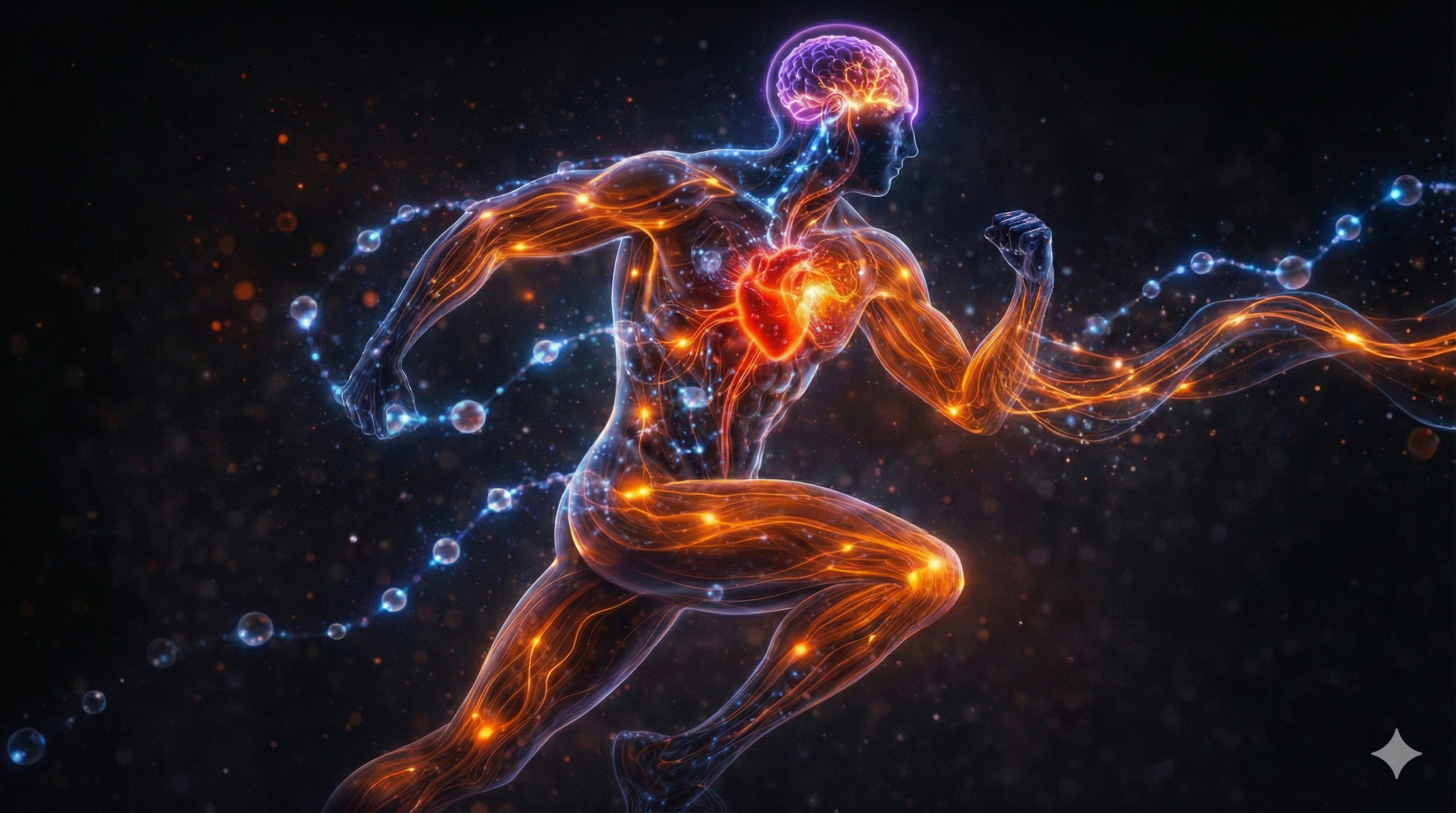 Ilustração do corpo humano com coração e sistema cardiovascular em destaque representando os benefícios da taurina para coração, cérebro e músculos