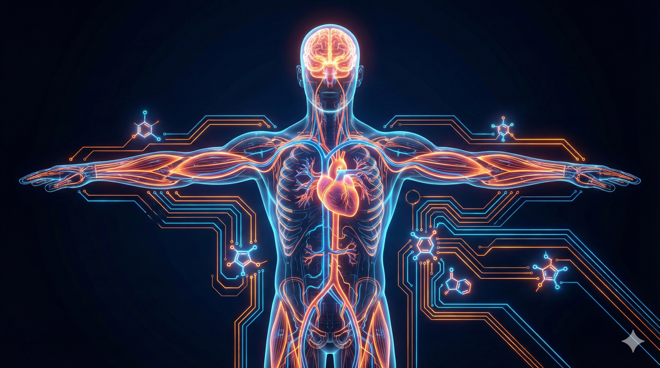 Silhueta humana com energia vital irradiando do corpo representando os melhores suplementos para energia e disposição